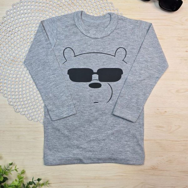 Camiseta Longa Infantil Estampada Mescla - Urso Óculos Escuro