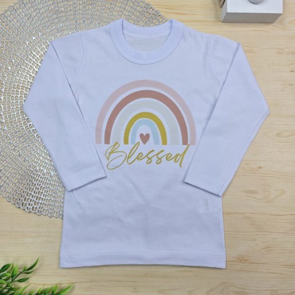 Camiseta Longa Infantil Estampada Branca Blessed
