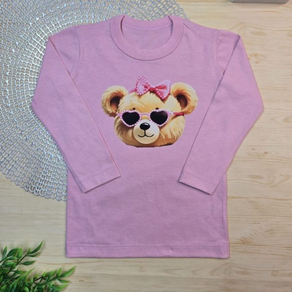 Camiseta Longa Infantil Estampada Rosa Rosto Ursinha
