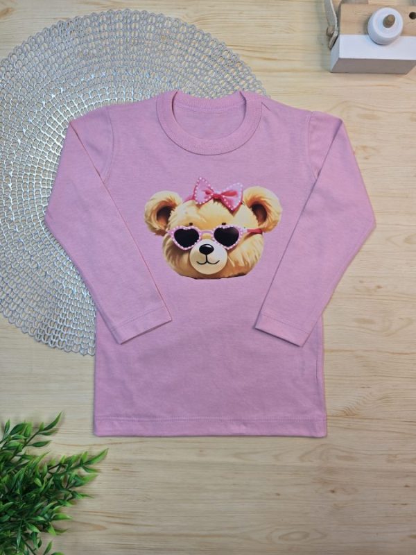 Camiseta Infantil Manga Longa Tradicional Rosa Rosto Ursinha