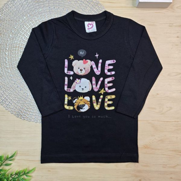 Camiseta Longa Infantil Estampada Preta - Love