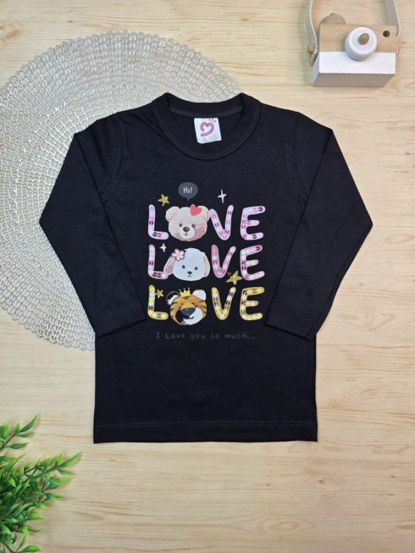 Camiseta Infantil Manga Longa Tradicional Preta - Love