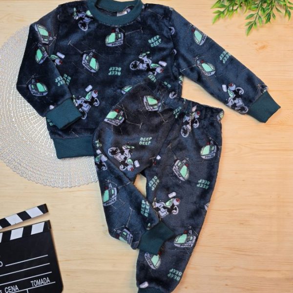 Conjunto Fleece Pijama Blusa e Calça Verde Escuro Helicóptero