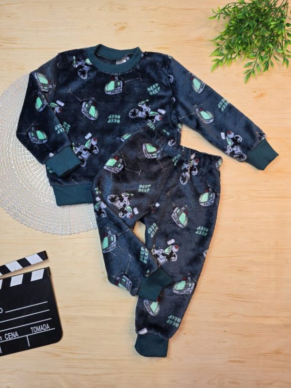Conjunto Fleece Pijama Blusa e Calça Verde Escuro Helicóptero