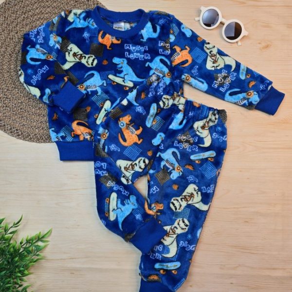 Conjunto Fleece Pijama Blusa e Calça Azul Dino Skate