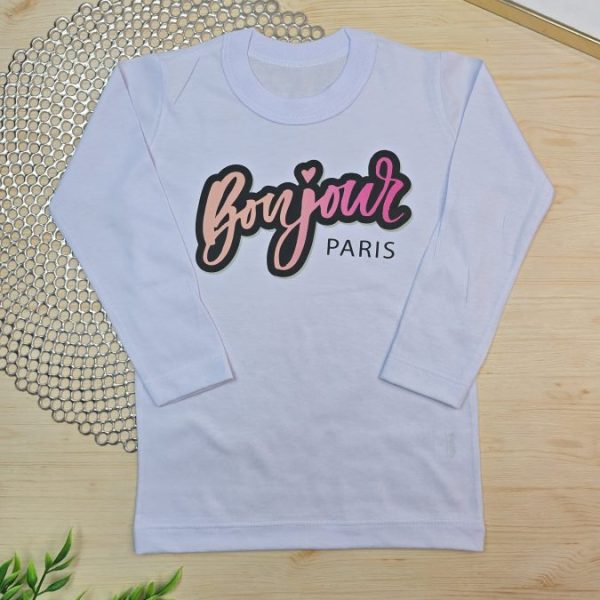Camiseta Longa Infantil Estampada Branca - Bonjour Paris