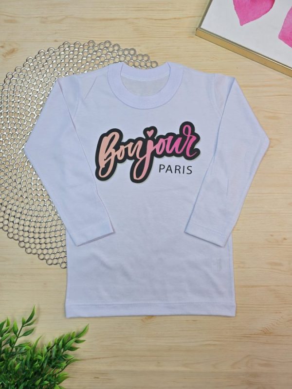 Camiseta Infantil Manga Longa Tradicional Branca - Bonjour Paris