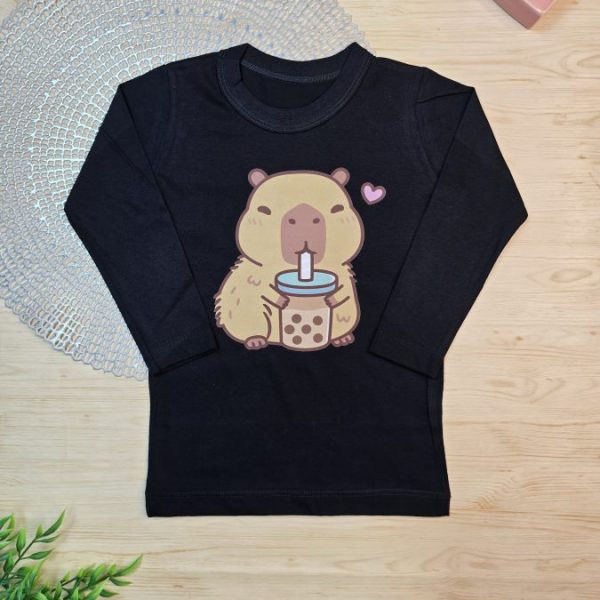 Camiseta Longa Infantil Estampada Preta Capivara