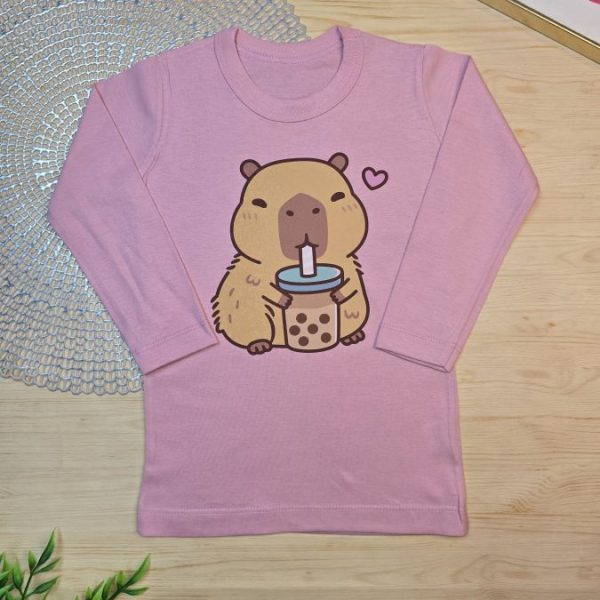 Camiseta Longa Infantil Estampada Rosa Capivara
