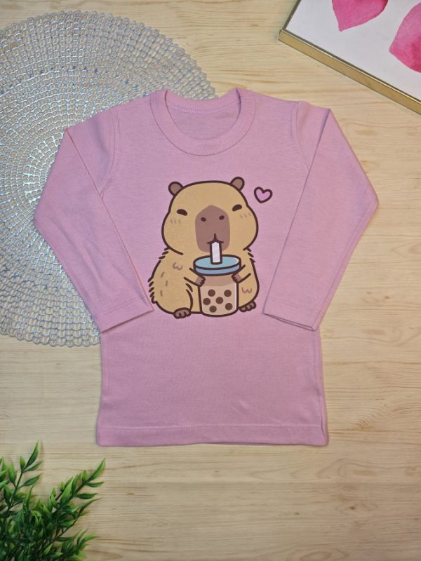 Camiseta Infantil Manga Longa Tradicional Rosa Capivara
