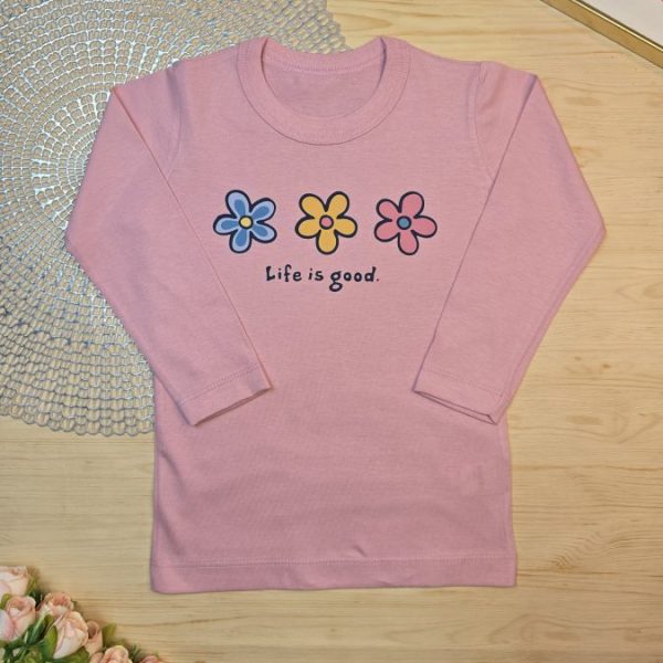 Camiseta Longa Infantil Estampada Rosa Flores