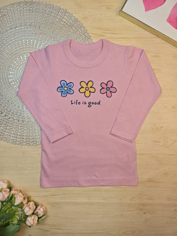 Camiseta Infantil Manga Longa Tradicional Rosa Flores
