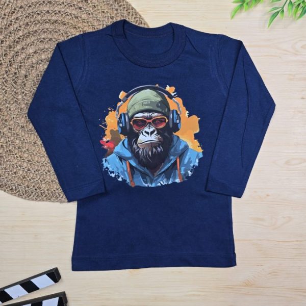 Camiseta Longa Infantil Estampada - Marinho Gorila