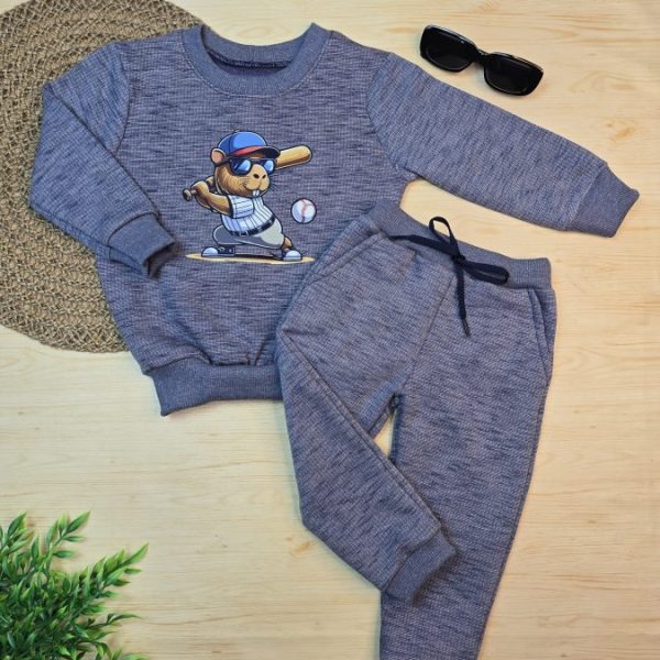 Conjunto de Moletom com Gola - Azul Mesclado Capivara
