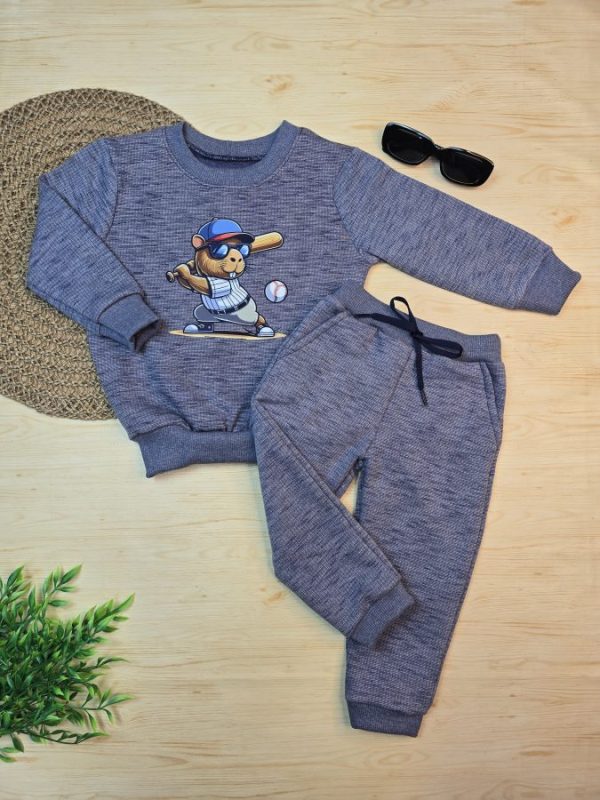 Conjunto de Moletom com Gola - Azul Mesclado Capivara