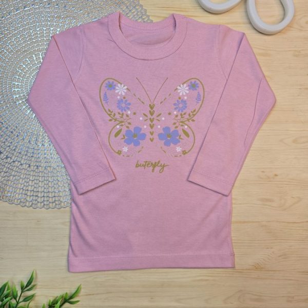 Camiseta Longa Infantil Estampada Rosa Borboleta