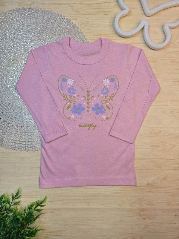 Camiseta Infantil Manga Longa Tradicional Rosa Borboleta