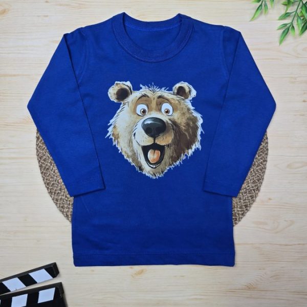 Camiseta Longa Infantil Estampada Azul Royal Rosto Urso