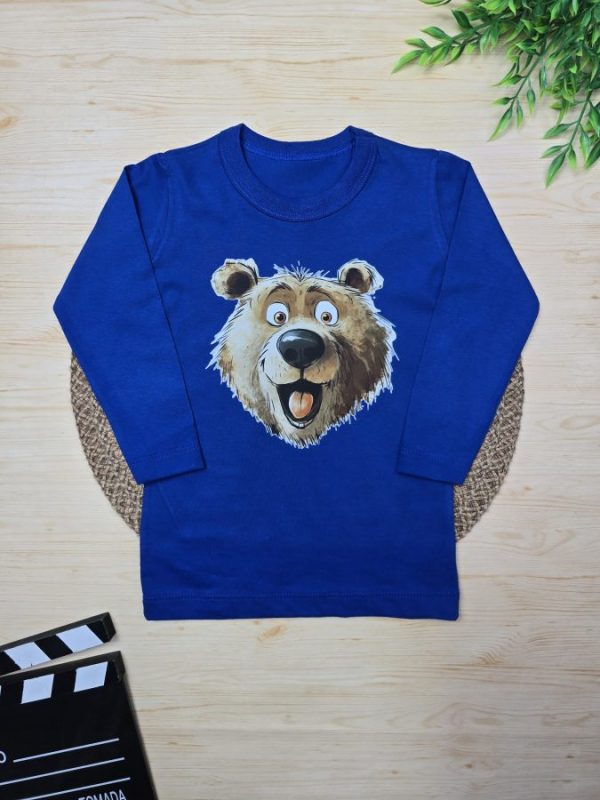 Camiseta Infantil Manga Longa Tradicional Azul Royal Rosto Urso