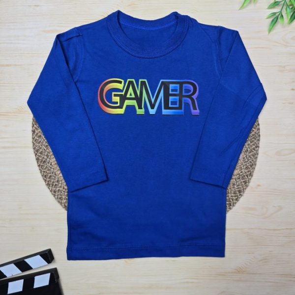 Camiseta Longa Infantil Estampada Azul Royal Game