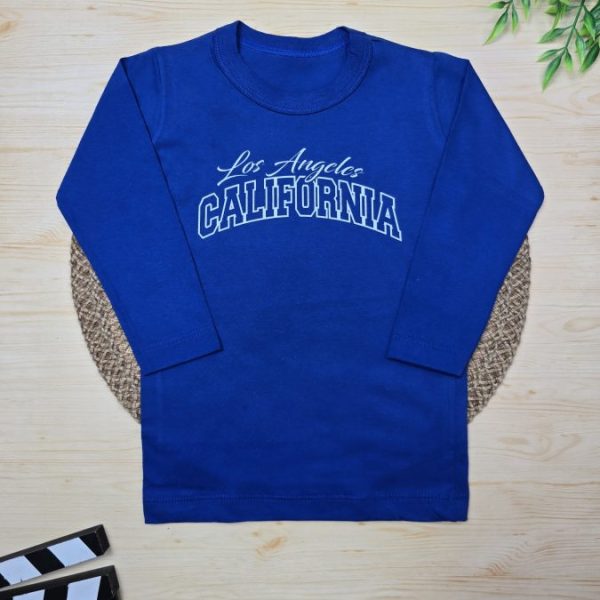 Camiseta Longa Infantil Estampada Azul Royal Los Angeles