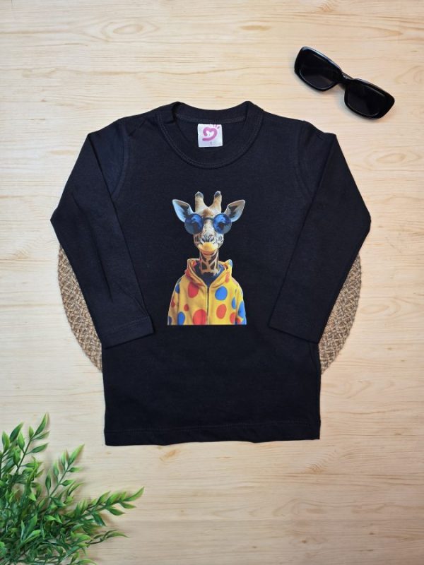 Camiseta Infantil Manga Longa Tradicional Preta Girafa