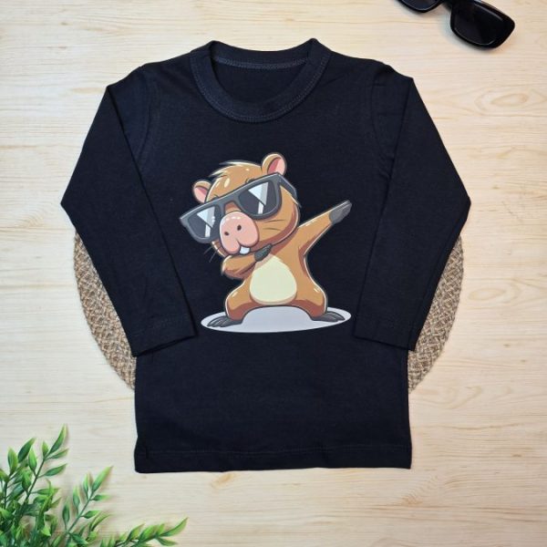 Camiseta Longa Infantil Estampada Preta Capivara