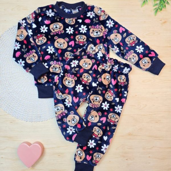 Conjunto Fleece Pijama Blusa e Calça Azul- Marinho Ursinha