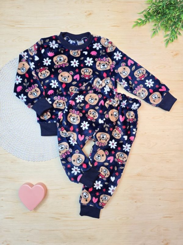 Conjunto Fleece Pijama Blusa e Calça Azul- Marinho Ursinha
