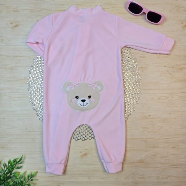 Macacão Longo Plush Bebê - Rosa Bordado (Com Detalhe Laço)