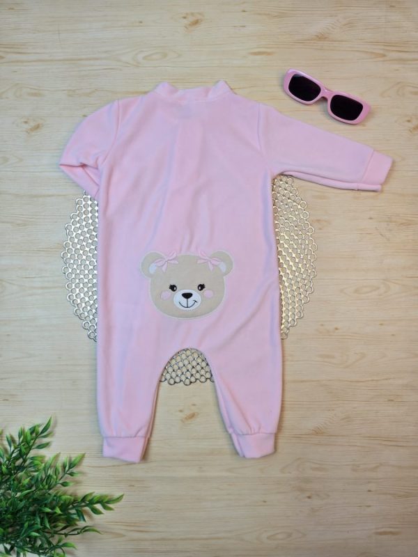 Macacão Longo Plush Bebê - Rosa Bordado (Com Detalhe Laço)