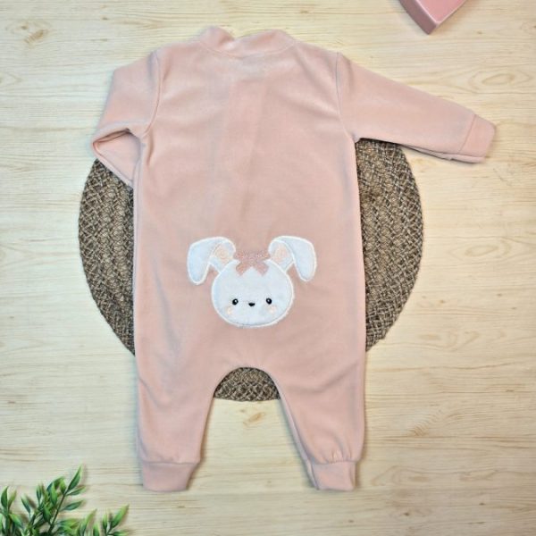 Macacão Longo Plush Bebê- Pêssego Bordado (Com Detalhe Laço)