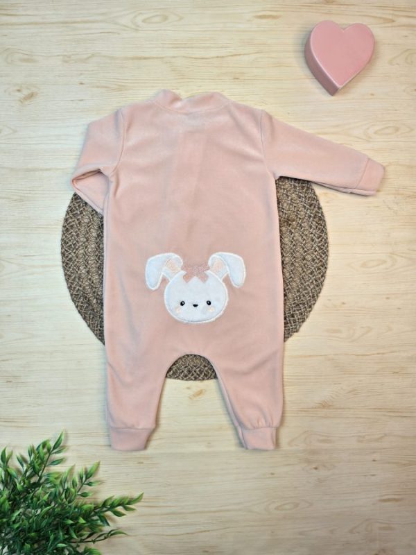 Macacão Longo Plush Bebê- Pêssego Bordado (Com Detalhe Laço)