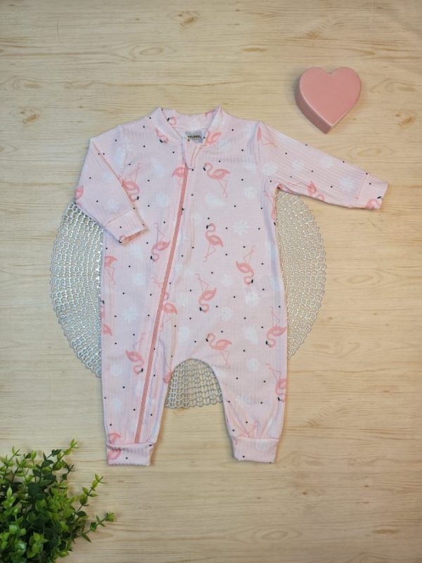 Macacão Bebê Longo Canelado Com Zíper - Rosa Flamingos
