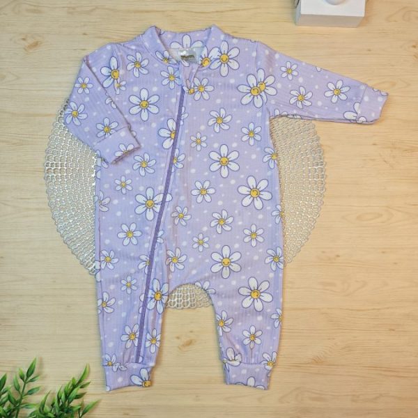 Macacão Longo Canelado Com Zíper - Lilás Florzinhas