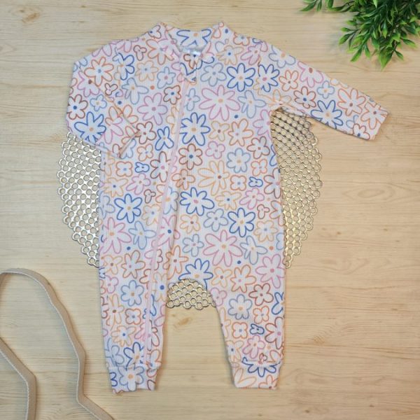 Macacão Longo Canelado Com Zíper - Florzinhas Coloridas