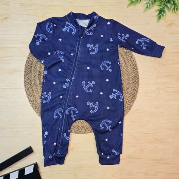 Macacão Longo Canelado Com Zíper - Azul Âncora