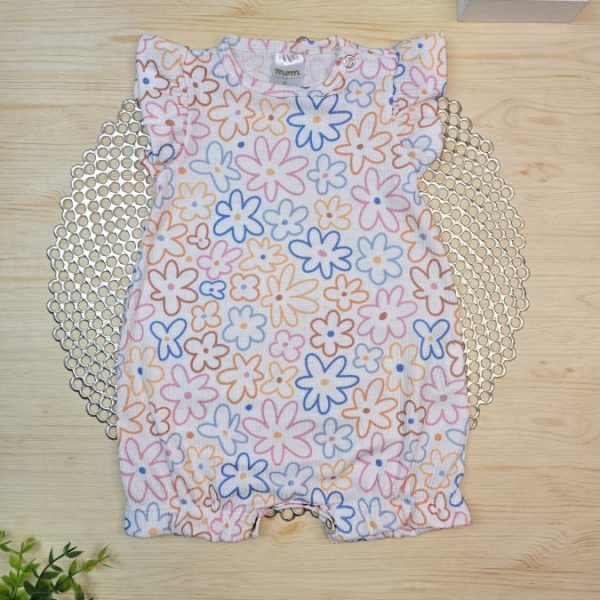 Macacão Curto Bebê Menina Canelado - Florzinhas Coloridas