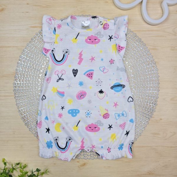 Macacão Curto Bebê Menina Canelado - Off Colorido