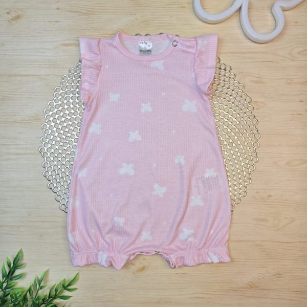 Macacão Curto Bebê Menina Canelado - Rosa Borboleta