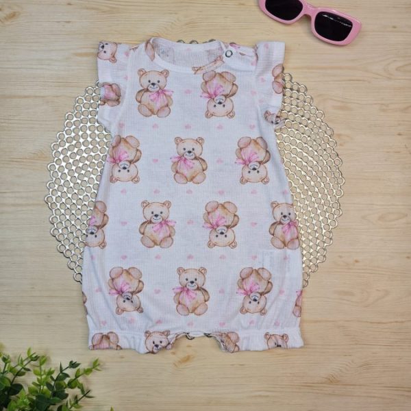 Macacão Curto Bebê Menina Canelado - Ursinha