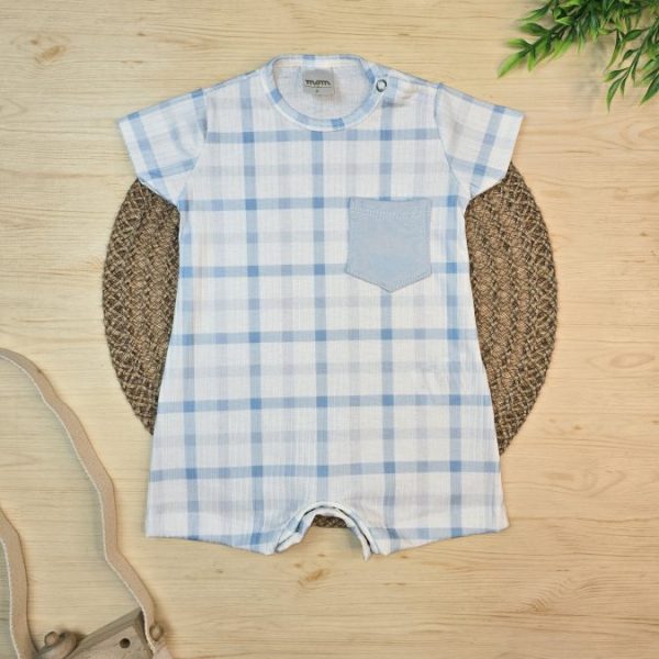 Macacão Curto Bebê Menino Manga Curta Canelado - Xadrez Azul