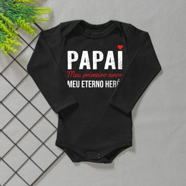 Body para Bebê Manga Longa Preto - Papai Meu 1° Amor