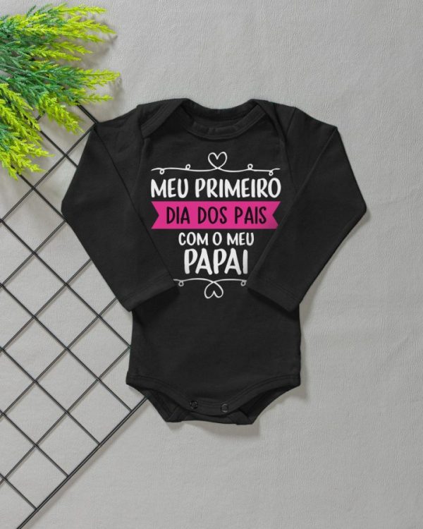 Body para Bebê Manga Longa Preto/Rosa - Meu 1º Dia Dos Pais