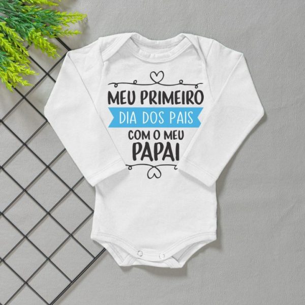 Body para Bebê Manga Longa Branco Meu 1° Dia Dos Pais/Azul