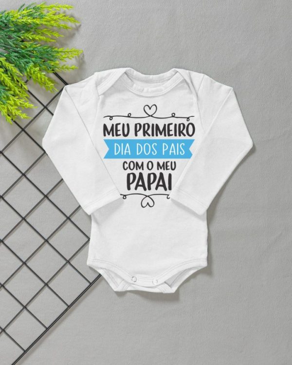 Body para Bebê Manga Longa Branco Meu 1° Dia Dos Pais/Azul