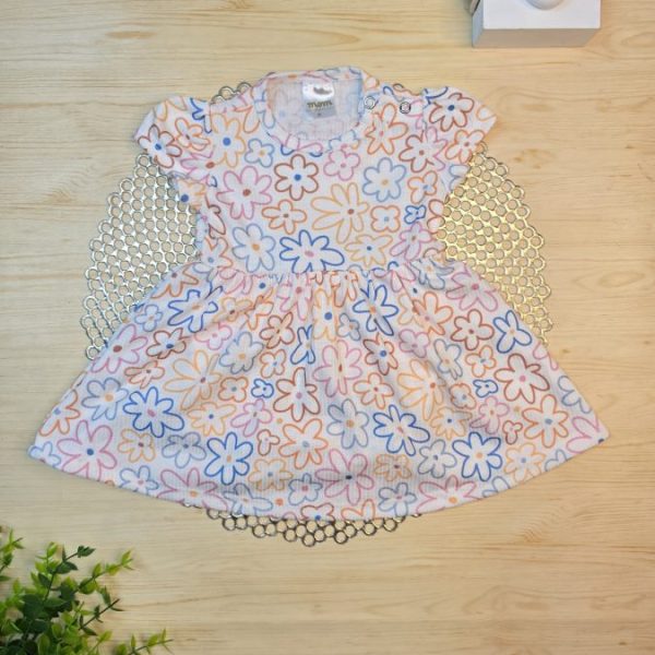 Body Vestido Curto Canelado -Off Florzinhas Coloridas