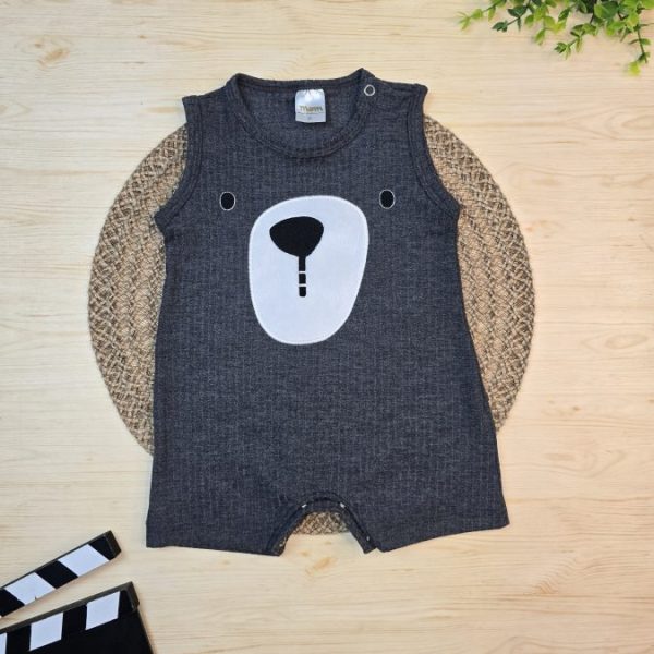 Macacão Regata Canelado Chumbo - Bordado Urso