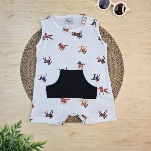 Macacão Curto Bebê Menino Regata Canelado - Cavalinhos