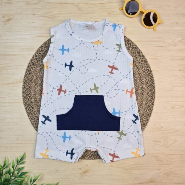 Macacão Curto Bebê Menino Regata Canelado - Avião